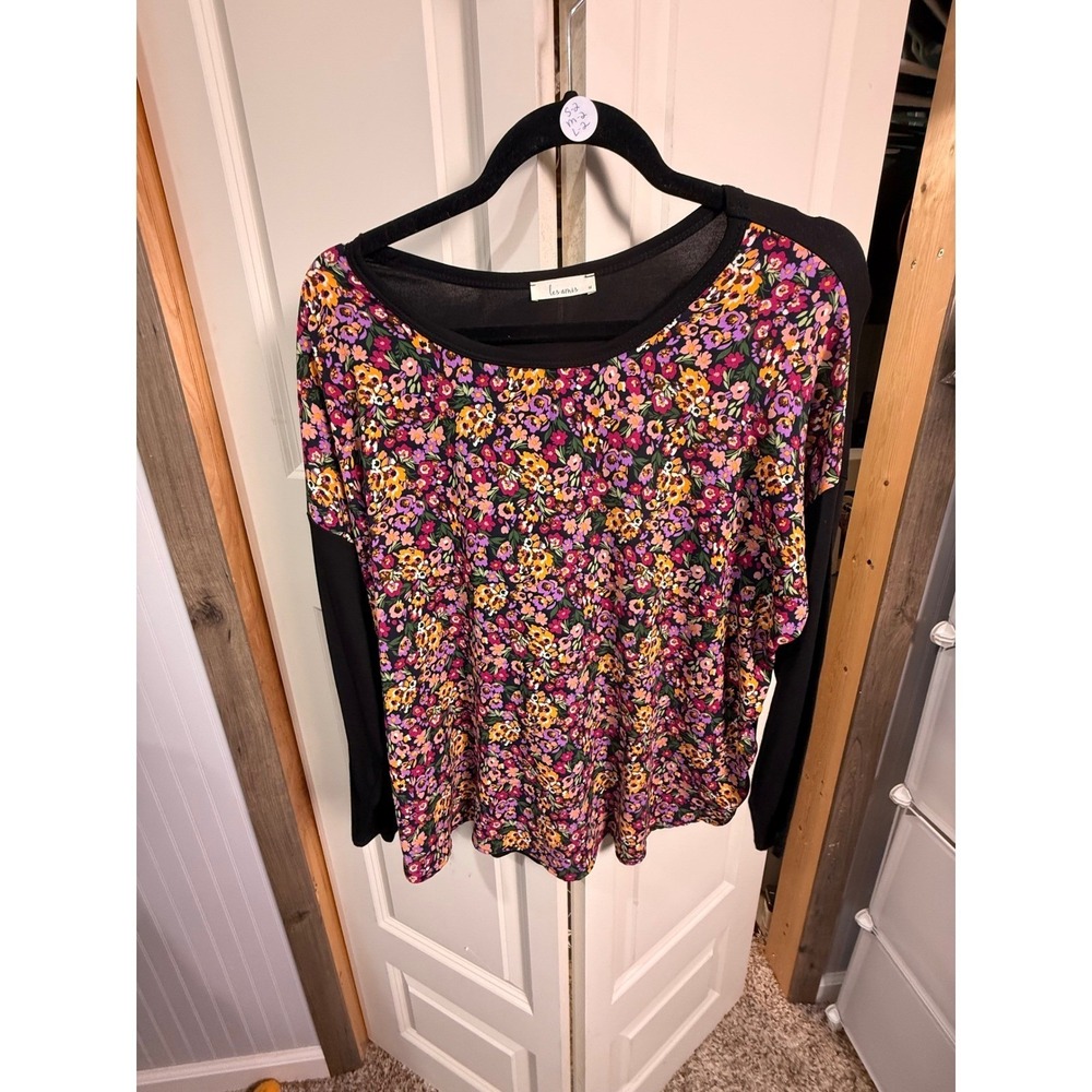 Les Amis Womens Floral Print Front Long Sleeve Scoop Neck Top Black Multi Large